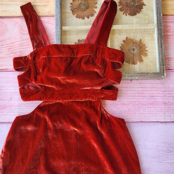 For Love & Lemons Rust Red Kate Velvet Strappy Cutout Overall Mini Dress L - Picture 6 of 10